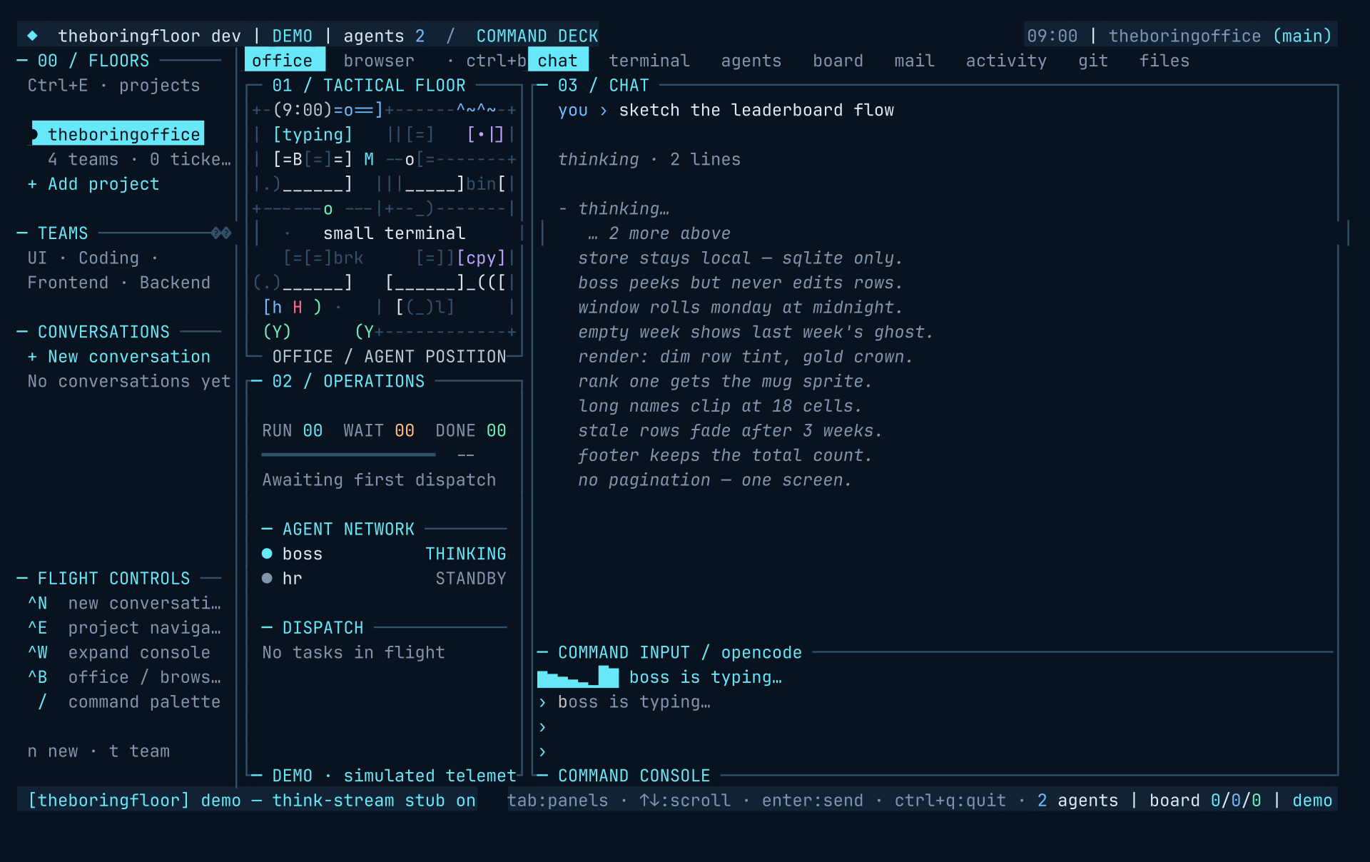 theboringfloor boss chat: a reply streaming in as markdown, an expanded thinking block above it, and tool-call rows between turns