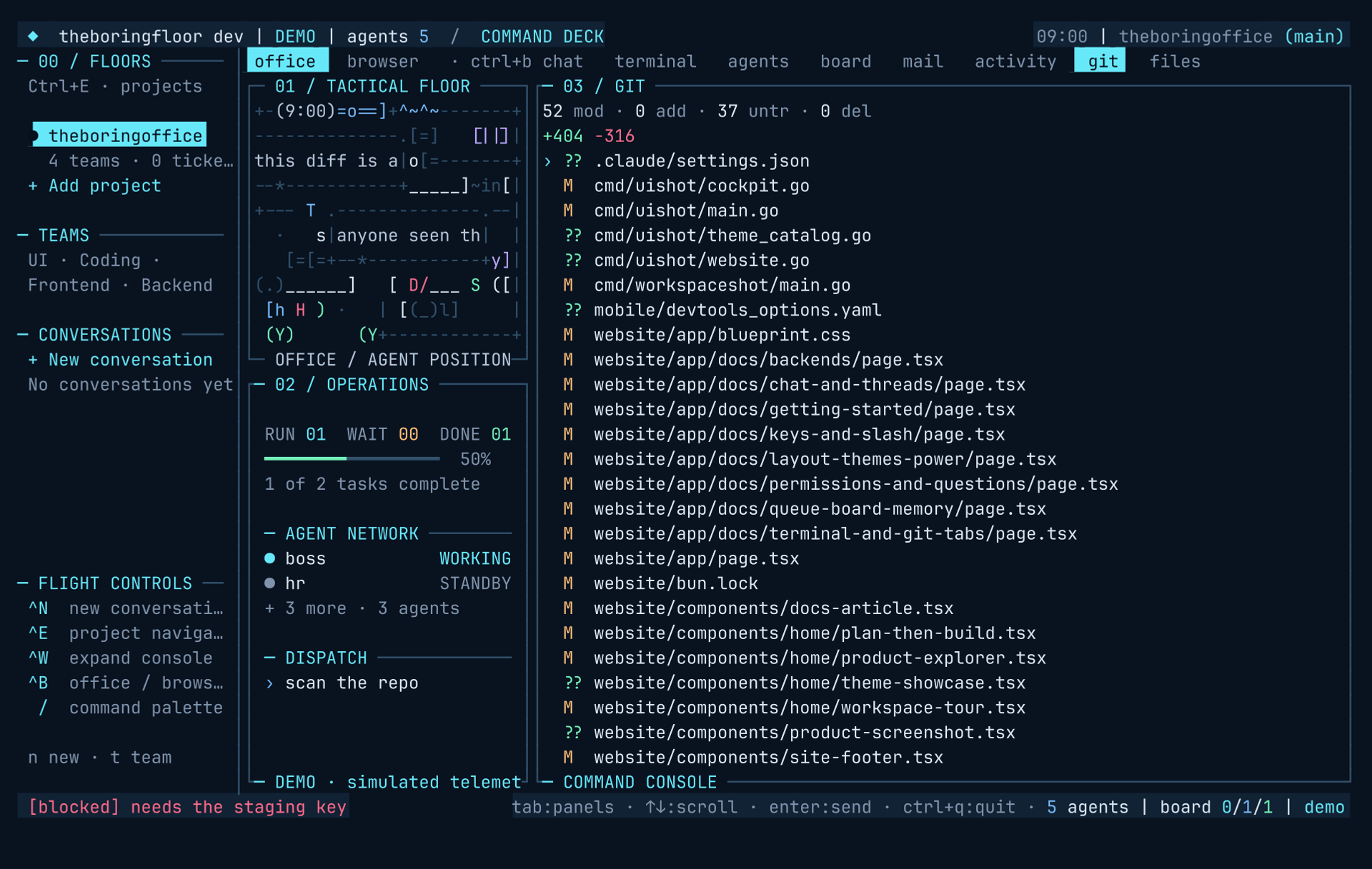 theboringfloor git tab: status counts, file list with status glyphs, and a colored unified diff