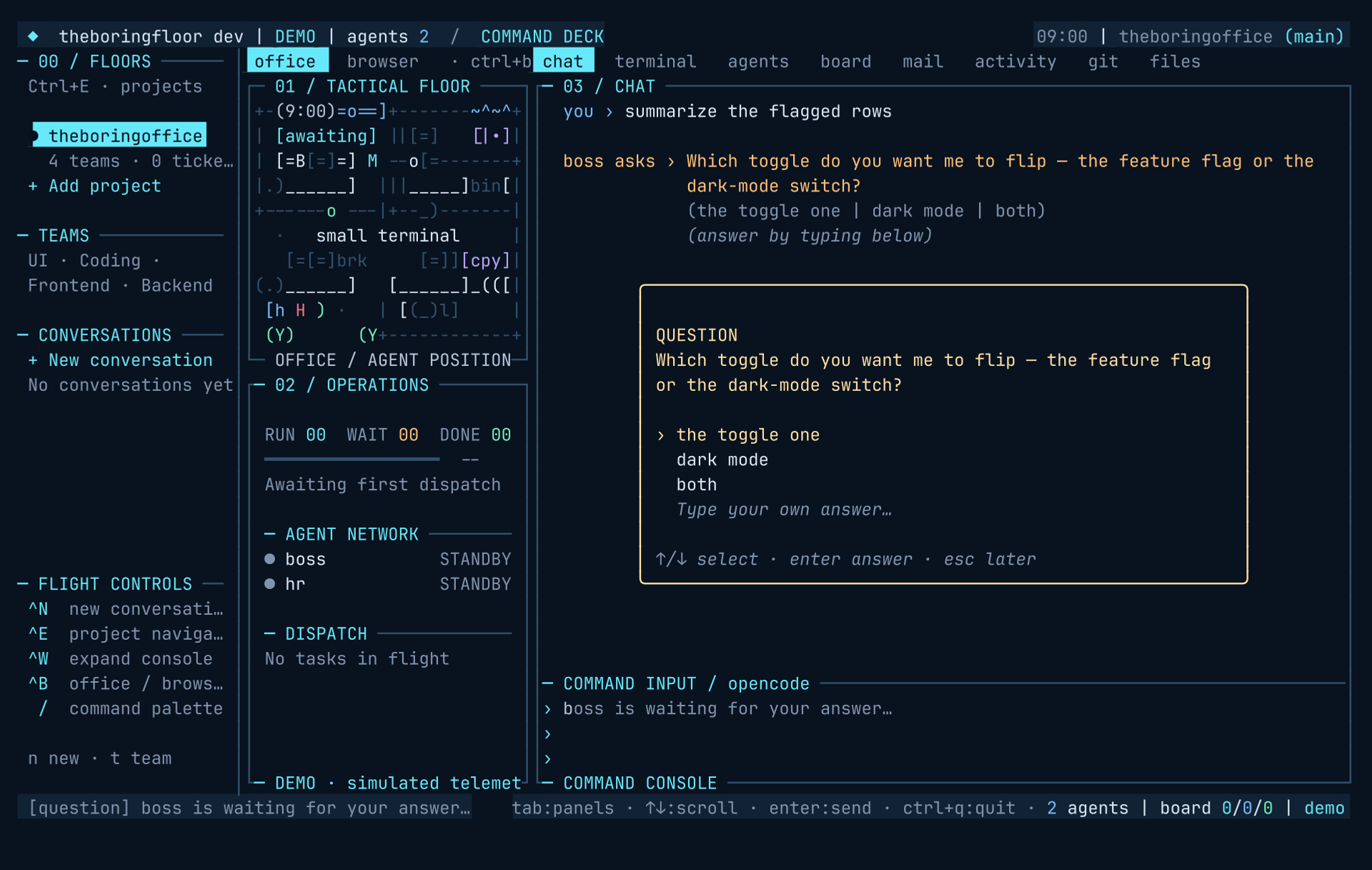 theboringfloor question wizard: a boss question open as a popover page with classified answer options