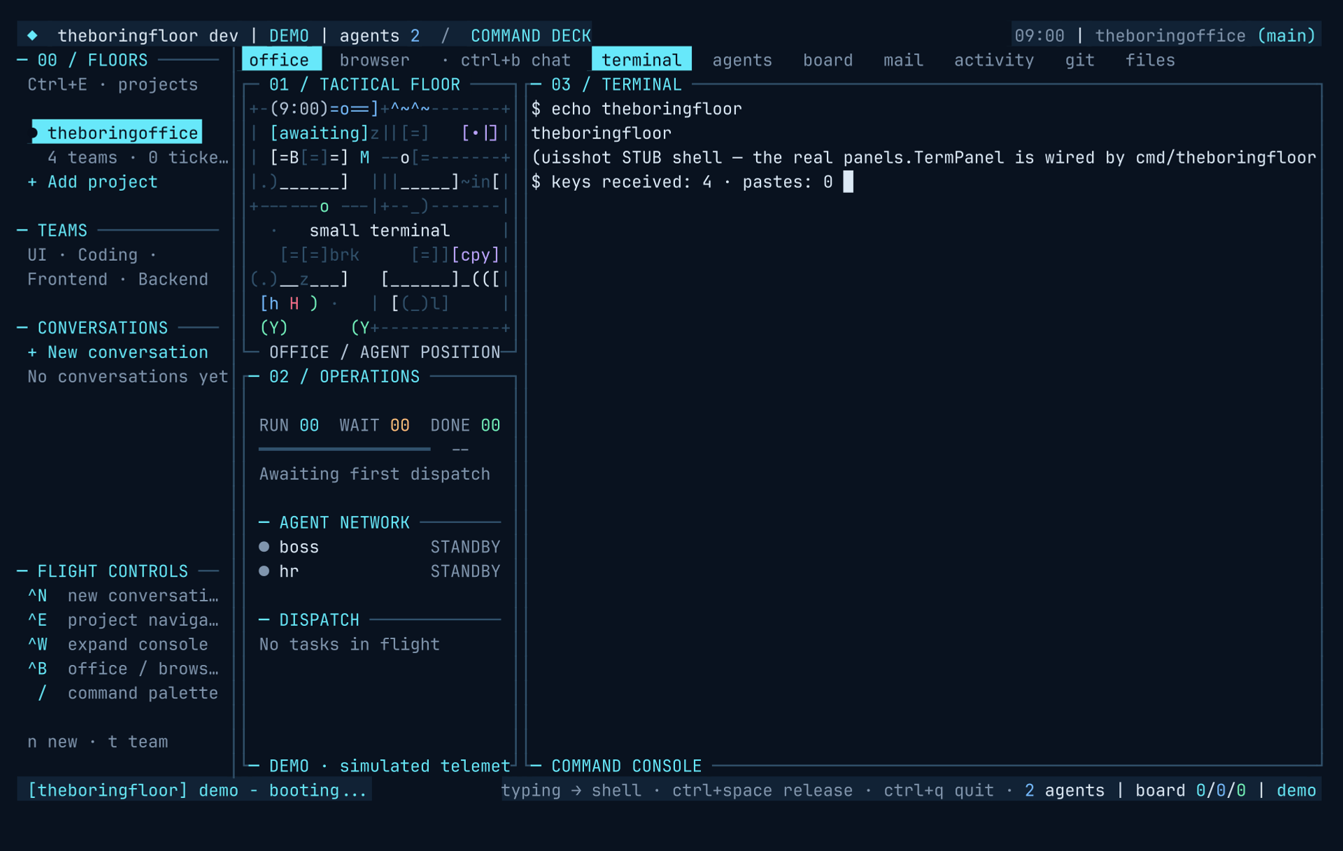theboringfloor terminal tab: a live PTY running a shell in the sidebar