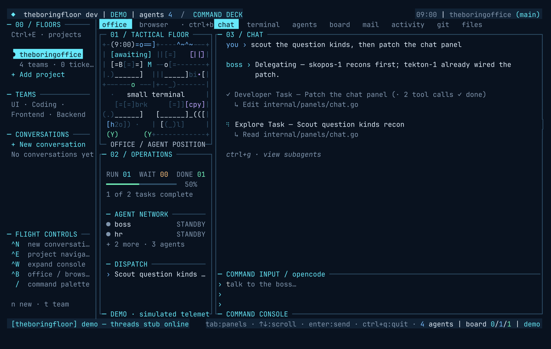 theboringfloor chat with collapsed sub-agent work threads: braille spinner, tool-call count, a ↳ sneak row, and a per-call inline diff